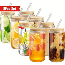 Load image into Gallery viewer, 8pc, Glass Cup With Bamboo Lid And Glass Straw+Straw Brush, Exquisite Glass Cup, Essential For Furniture And Kitchen, Party Supplies, Straw Cup Perfect For Soda Water, Boba Tea, Iced Coffee Cup, 18.7oz