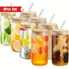 8pc, Glass Cup With Bamboo Lid And Glass Straw+Straw Brush, Exquisite Glass Cup, Essential For Furniture And Kitchen, Party Supplies, Straw Cup Perfect For Soda Water, Boba Tea, Iced Coffee Cup, 18.7oz