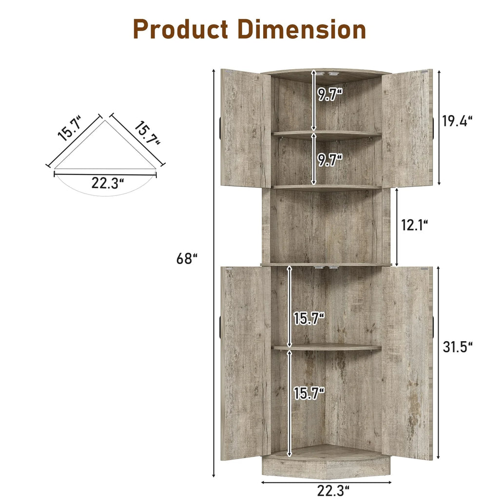 Chvans Farmhouse 68" Tall Corner Cabinet W/4 Barn Doors, 5 Tier Bookcase Storage Cabinet with Adjustable Shelves, Corner Storage Cabinet for Bathroom, Living Room, Kitchen, Brown