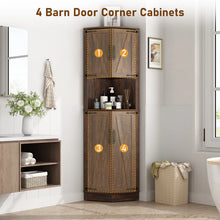 Load image into Gallery viewer, Chvans Farmhouse 68" Tall Corner Cabinet W/4 Barn Doors, 5 Tier Bookcase Storage Cabinet with Adjustable Shelves, Corner Storage Cabinet for Bathroom, Living Room, Kitchen, Brown