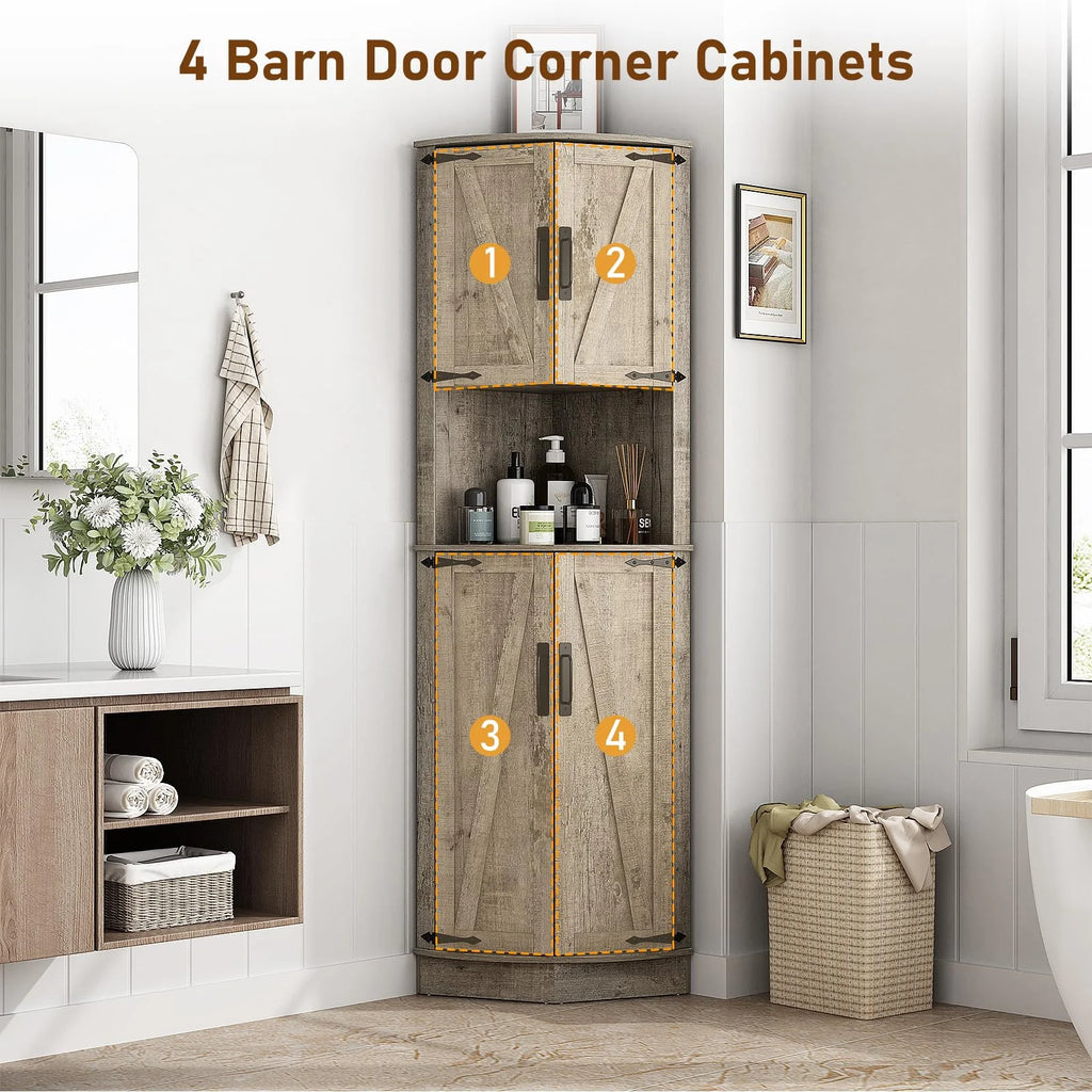 Chvans Farmhouse 68" Tall Corner Cabinet W/4 Barn Doors, 5 Tier Bookcase Storage Cabinet with Adjustable Shelves, Corner Storage Cabinet for Bathroom, Living Room, Kitchen, Brown