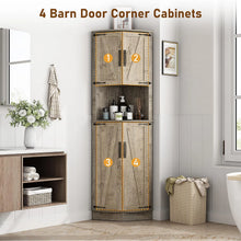 Load image into Gallery viewer, Chvans Farmhouse 68" Tall Corner Cabinet W/4 Barn Doors, 5 Tier Bookcase Storage Cabinet with Adjustable Shelves, Corner Storage Cabinet for Bathroom, Living Room, Kitchen, Brown