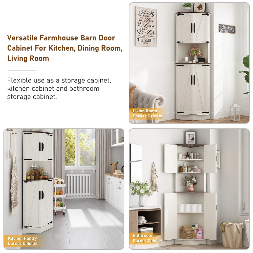 Chvans Farmhouse 68" Tall Corner Cabinet W/4 Barn Doors, 5 Tier Bookcase Storage Cabinet with Adjustable Shelves, Corner Storage Cabinet for Bathroom, Living Room, Kitchen, Brown