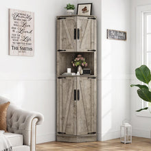 Load image into Gallery viewer, Chvans Farmhouse 68" Tall Corner Cabinet W/4 Barn Doors, 5 Tier Bookcase Storage Cabinet with Adjustable Shelves, Corner Storage Cabinet for Bathroom, Living Room, Kitchen, Brown