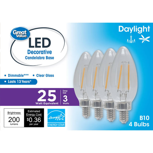 Great Value LED Light Bulb, 3W (25w Equivalent) B10 Deco Lamp E12 Candelabra Base, Dimmable, Daylight, 4-Pack